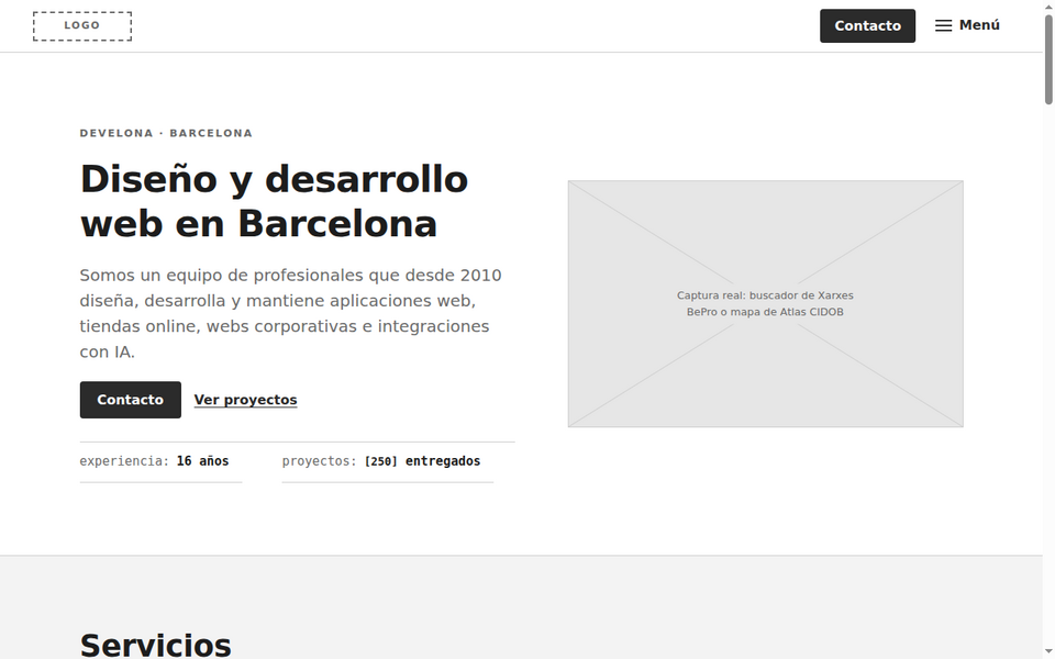 Ejemplo de prototipo navegable: página de inicio en formato wireframe